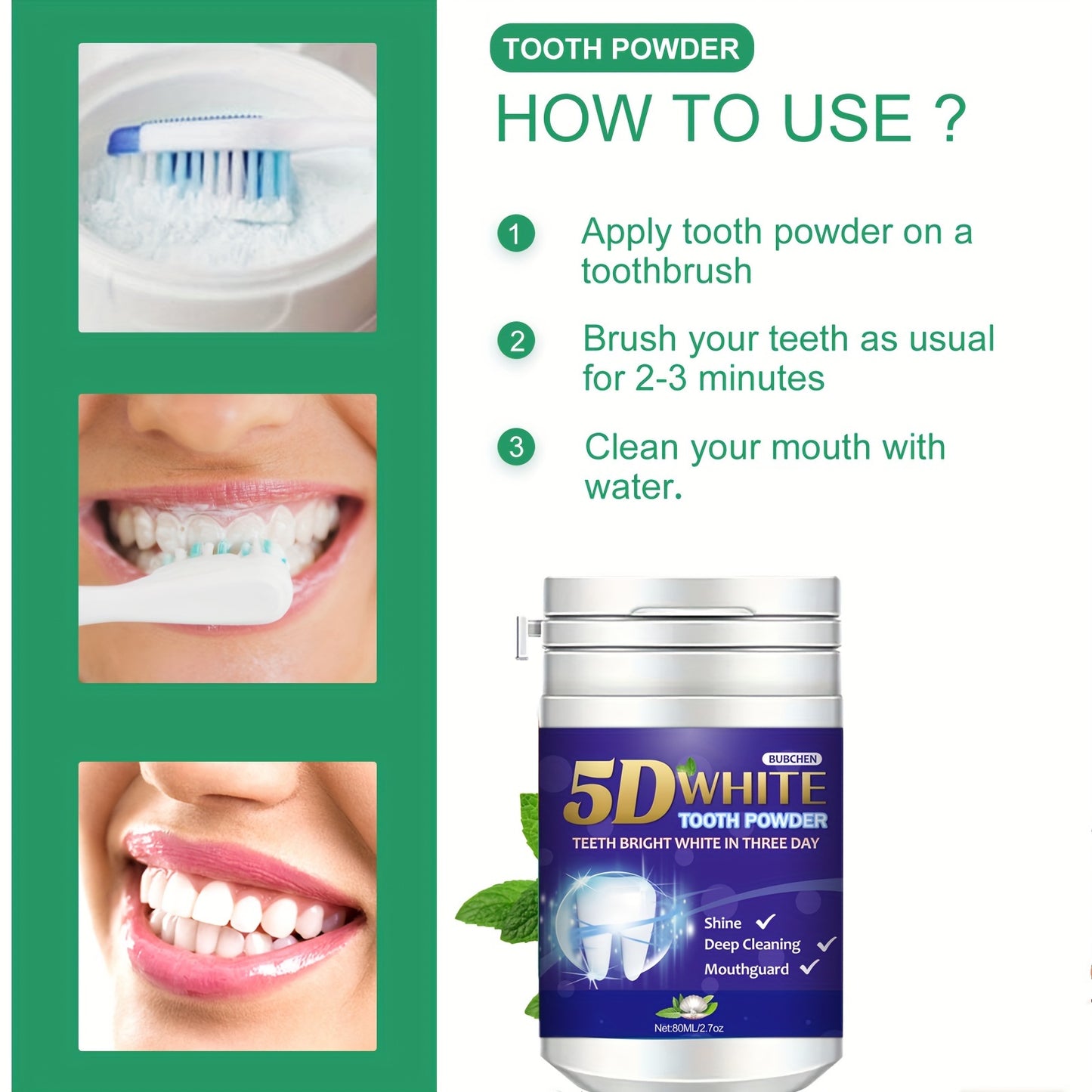 ProFresh Teeth Whitening Powder - Oral Care Toothpaste for Deep Cleaning and Shine - Fresh Mint Flavor, Effective Stain Removal, Gentle on Gums, and Long-Lasting Fresh Breath