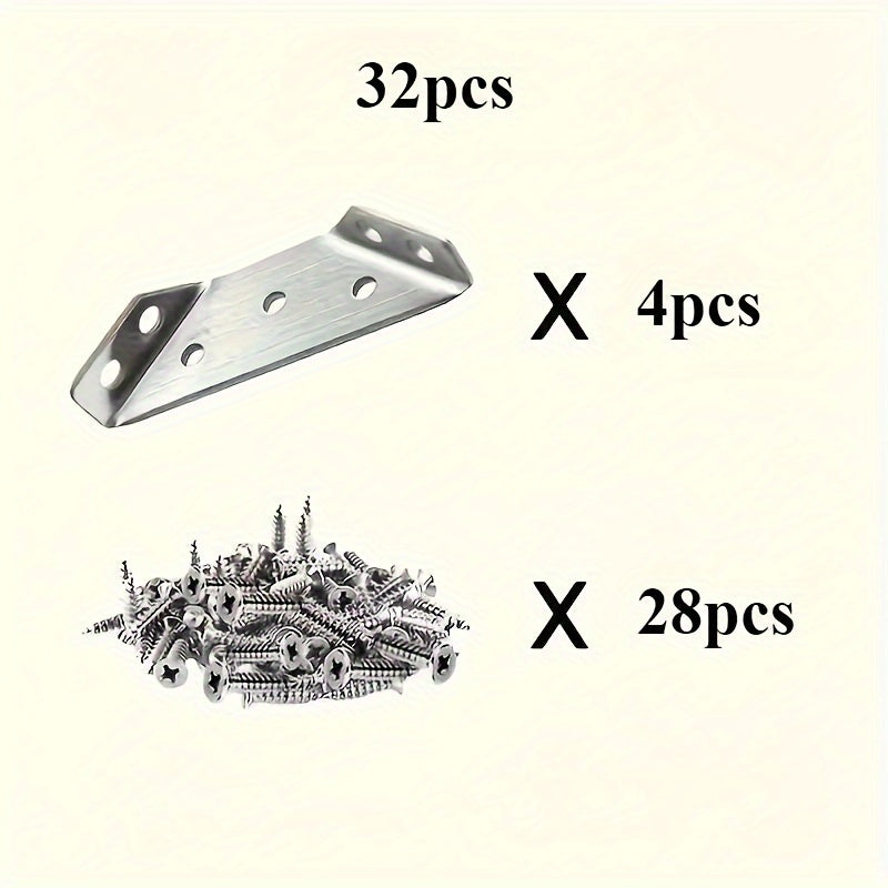 32-Piece Stainless Steel Corner Bracket Set - Durable, easy-to-install metal brackets for wood and metal furniture frames