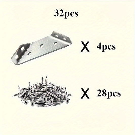32-Piece Stainless Steel Corner Bracket Set - Durable, easy-to-install metal brackets for wood and metal furniture frames