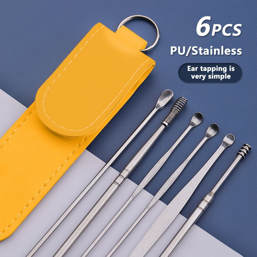 6 in 1 Stainless Steel Ear Wax Removal Tool Kit with PU Leather Case - Portable Ear Cleaner Set with Multiple Heads and Spoon for Ear Care in Stick Shape, No Batteries Required