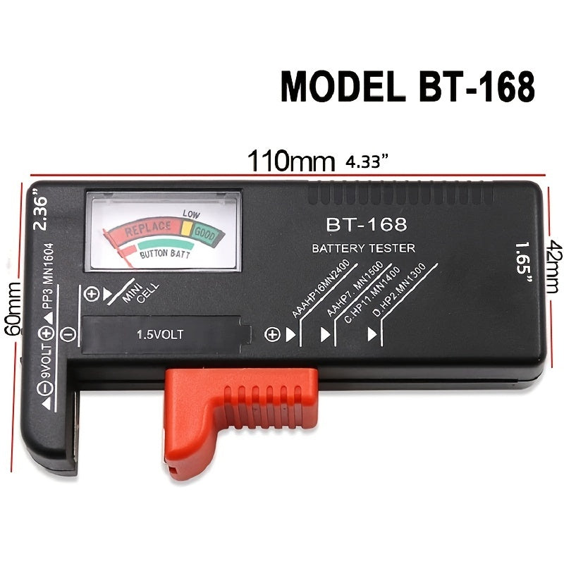 Battery Tester BT-168 - Universal device for quick and easy checking of AA, AAA, C, D, 9V, 1.5V batteries with color meter indicators and accurate results