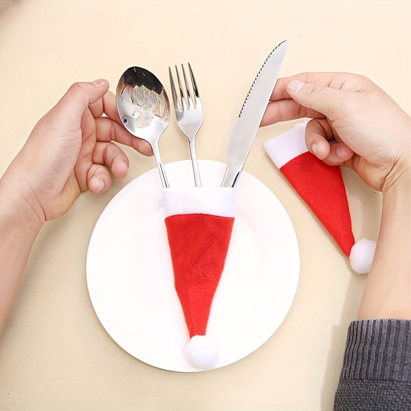 10-Piece Red Mini Santa Hat Cutlery Holder - Great for Holiday Table Decorations, Wine Bottle Caps and Kitchen Accessories