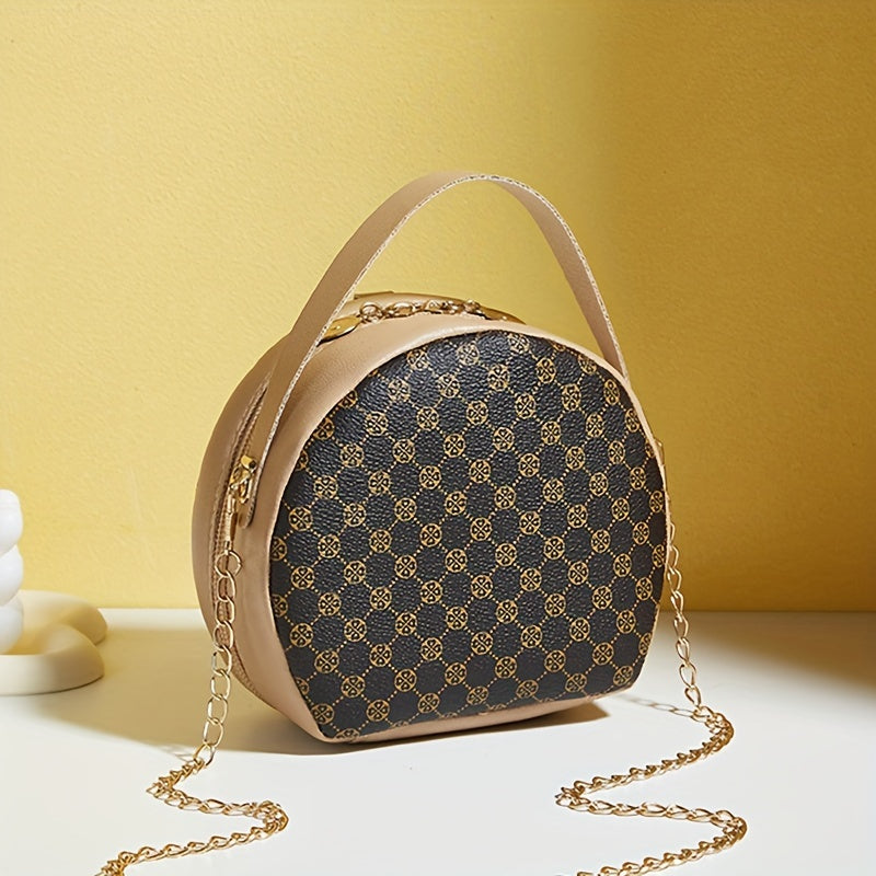 Girls classic fashion diamond letter print round crossbody bag with chain and zipper closure, casual simple commuter shoulder bag suitable for travel and daily use
