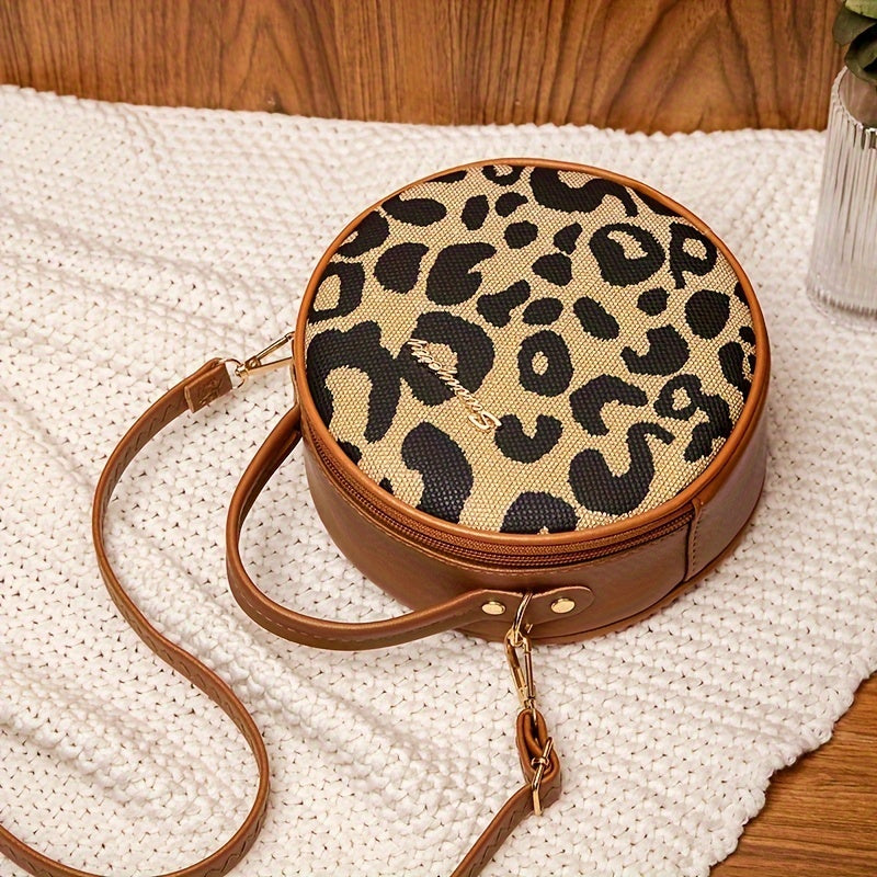 1pcs Girls Vintage Leopard Print Small Round Bag, Cute Small Fashion Handbag, Zipper Casual Shoulder Bag