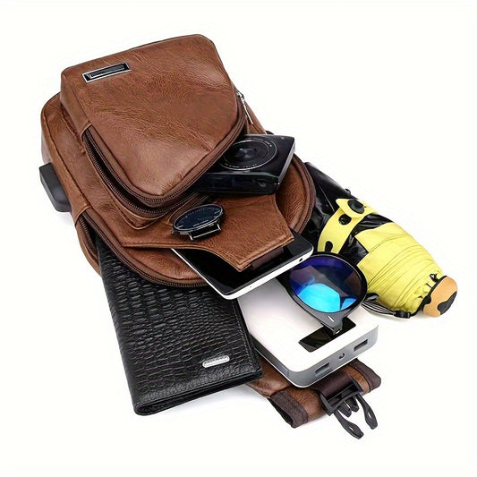 1pc Vintage Style Faux Leather Crossbody Bag - Adjustable Shoulder Strap, Anti-theft Zipper Closure, Casual Travel Chest Bag with Multiple Compartments and Pockets for Easy Organization of Items