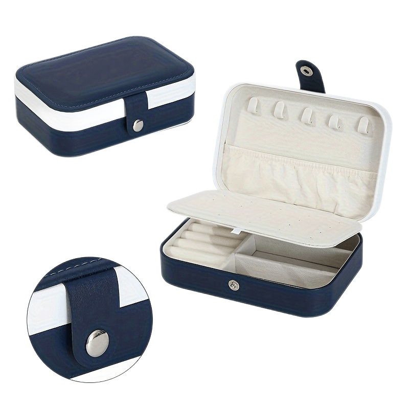 Portable double-layer imitation leather jewelry storage box - velvet interior, snap closure, can store earrings, necklaces, rings | Modern travel storage box with practical hook