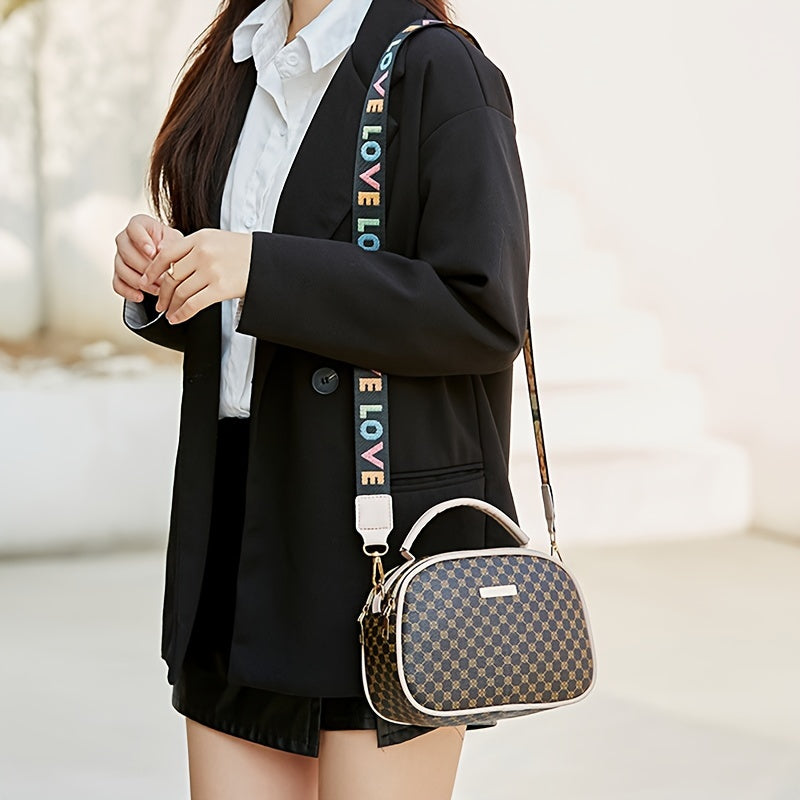 Girls simple fashion diamond letter print crossbody bag with adjustable shoulder strap and zipper closure, stylish shoulder bag suitable for outdoor and daily use