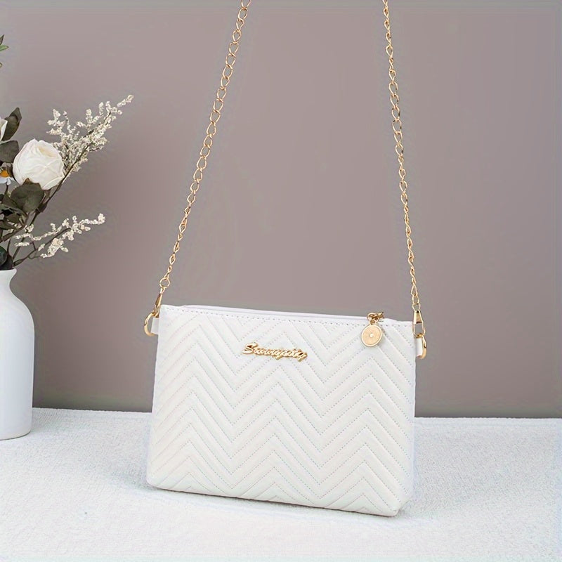 Fashion Striped Women's Clutch with Chain Shoulder Strap - Versatile Crossbody Bag, Faux Leather, Zipper Closure .WhiteClosure - Available in Black/White