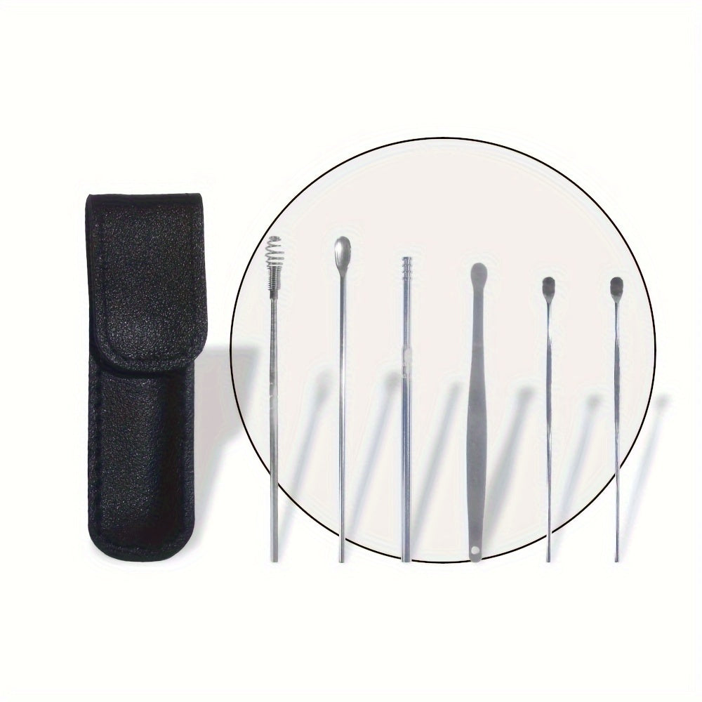 6 in 1 Stainless Steel Ear Wax Removal Tool Kit with PU Leather Case - Portable Ear Cleaner Set with Multiple Heads and Spoon for Ear Care in Stick Shape, No Batteries Required