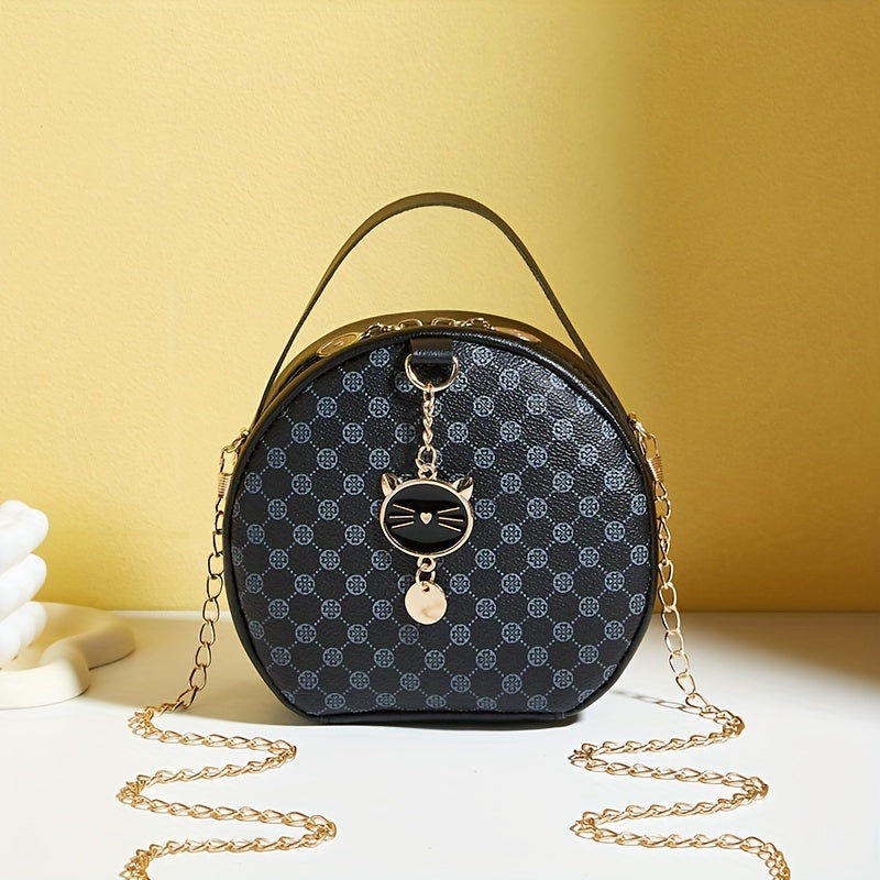 Girls classic fashion diamond letter print round crossbody bag with chain and zipper closure, casual simple commuter shoulder bag suitable for travel and daily use
