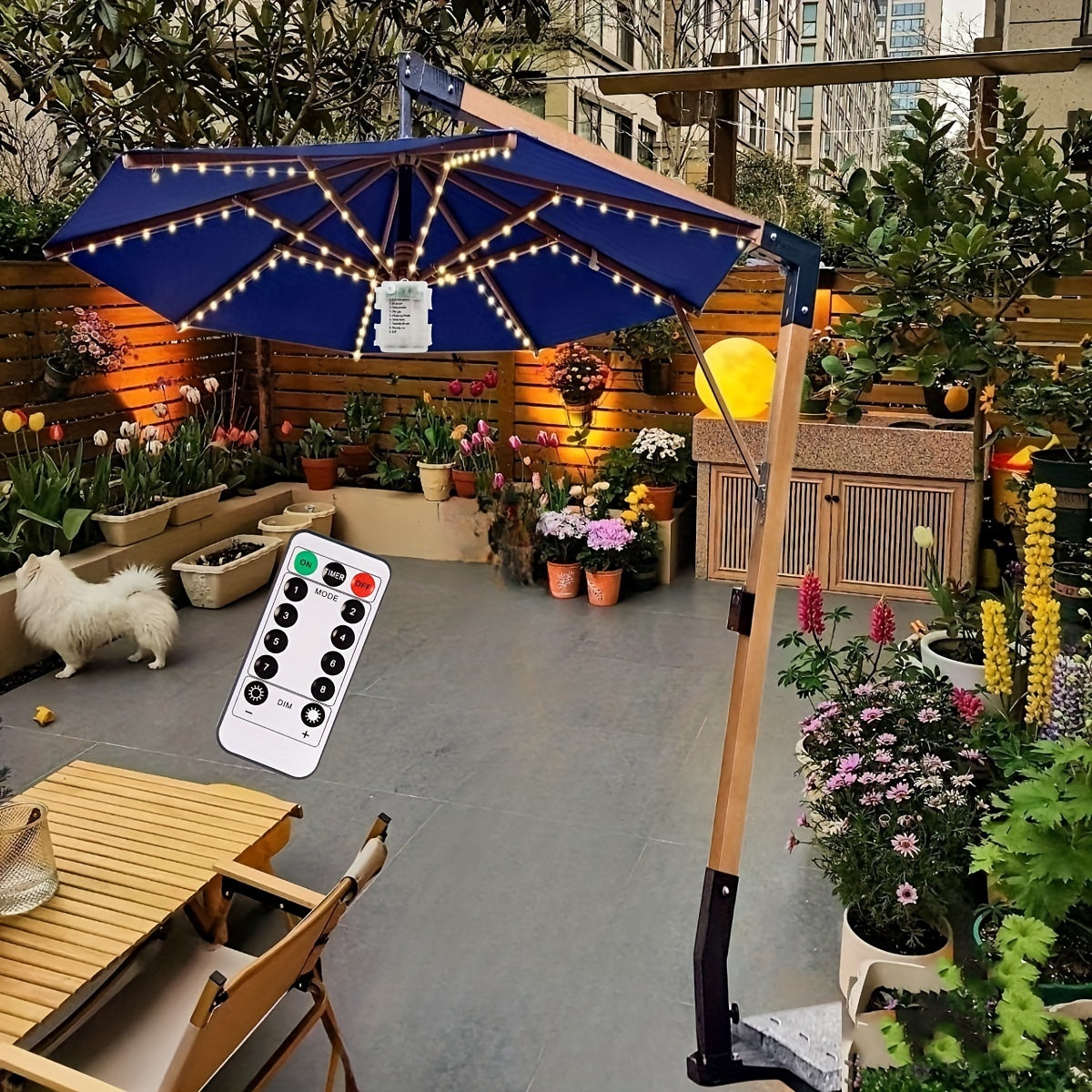 1pcs Garden Umbrella Light with Remote Control, 8 Modes Waterproof LED Outdoor Umbrella Light Battery Powered for Decoration Outdoor Party, Wedding, Festival (Remote Control with Button Battery, Battery Box Not Included)