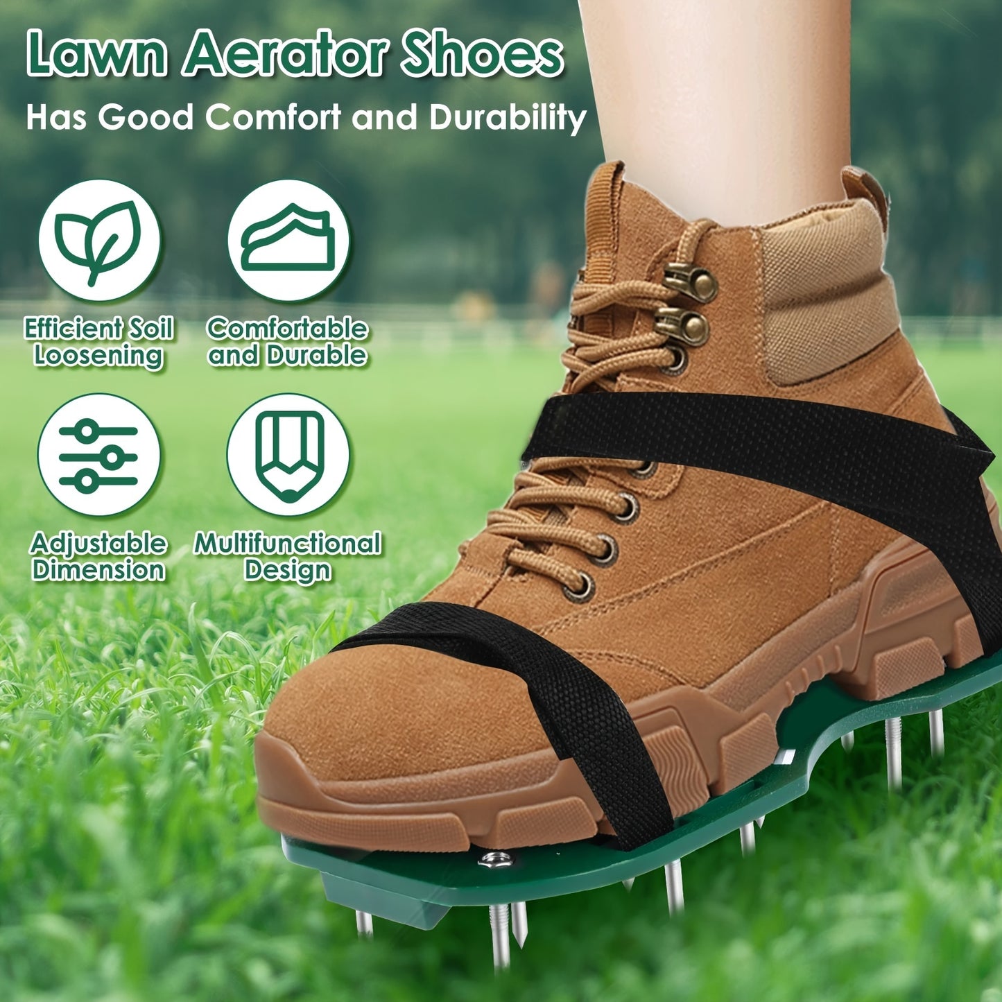 Manual Lawn Aerator with Metal Spikes - 1 Double Duty Garden Soil Aerator Sandal with Adjustable Strap - No Electricity Required Yard Tool for Soil Health and Grass Growth