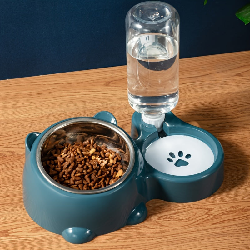 2 in 1 Pet Feeder with Automatic Drinking Fountain, Non-slip Tilt Stainless Steel Cat and Dog Food Bowl, No Batteries Required, No Power Supply Required, Automatic Feeder for Cats