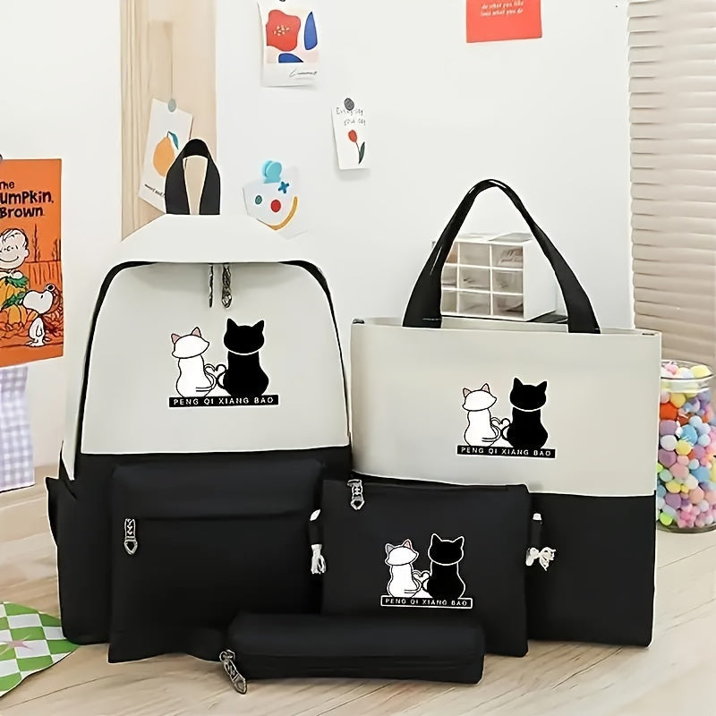4-piece kitten print backpack set with matching tote, pencil case and wallet - durable oxford material with adjustable shoulder straps for travel and school