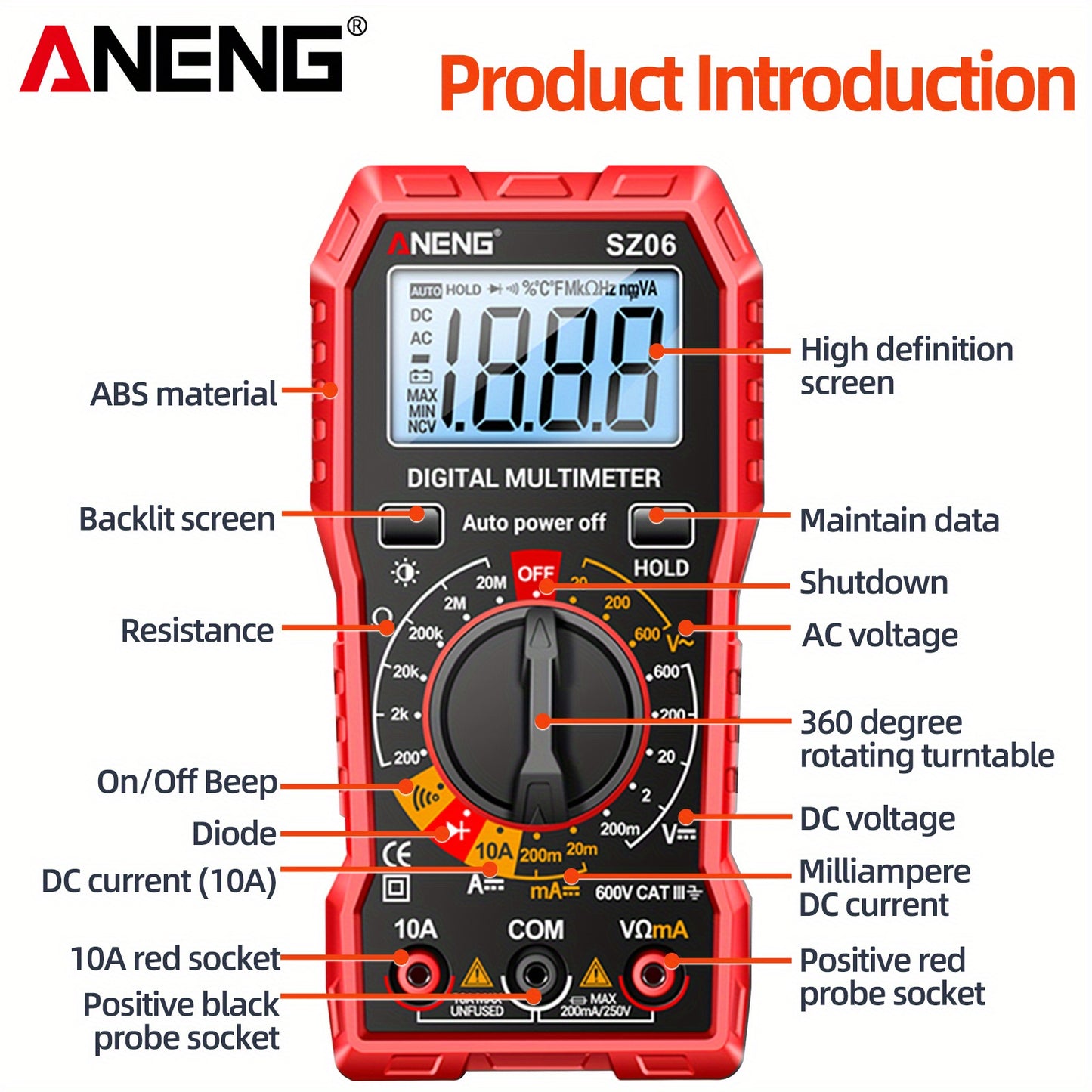 ANENG SZ06 2000 Counts Intelligent Digital Multimeter AC/DC Voltmeter DC Current Ohm Tester Power Tools Measuring Equipment