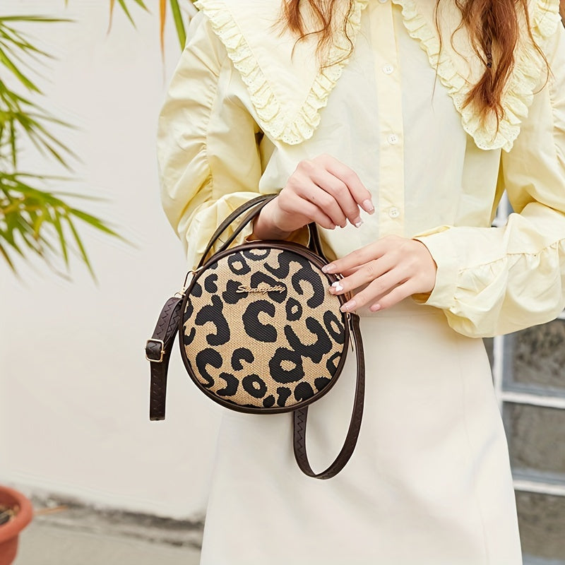 1pcs Girls Vintage Leopard Print Small Round Bag, Cute Small Fashion Handbag, Zipper Casual Shoulder Bag