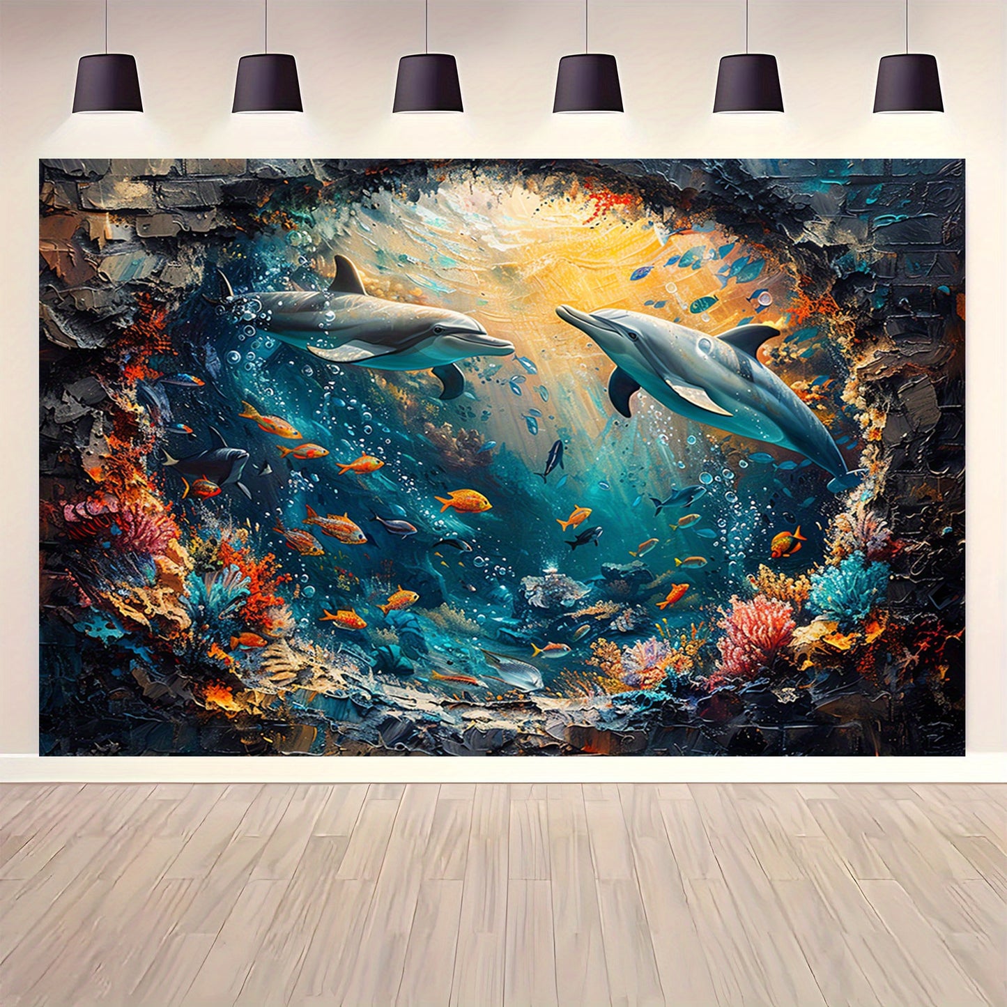 Underwater World Shark and Dolphin Backdrop - Polyester Photo Booth Props, Coral Reef and Red Brick Wall Mural, Party and Photo Studio Decoration, Multipurpose, No Electricity Required