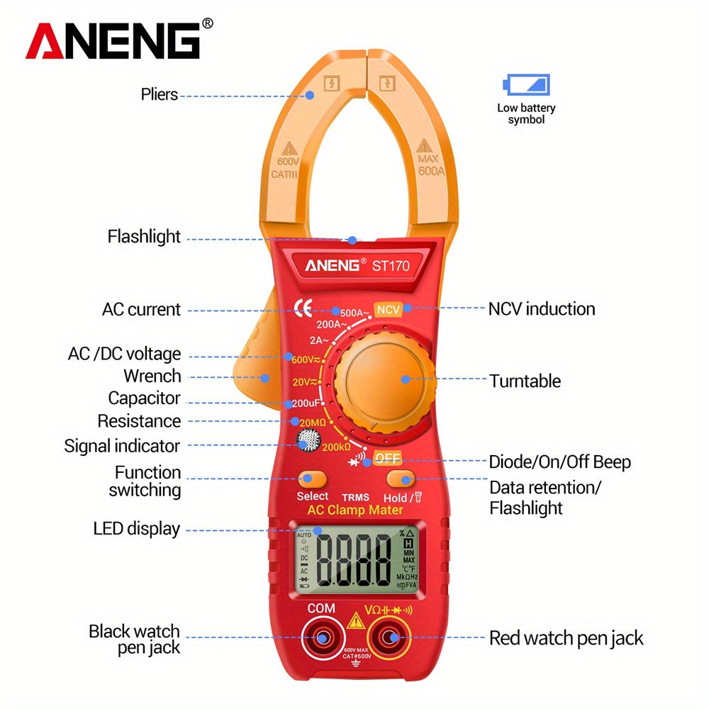 ANENG ST170 Non-contact Clamp Meter 1999 Counts LED Screen AC Current Multimeter NCV Induction Professional Tool