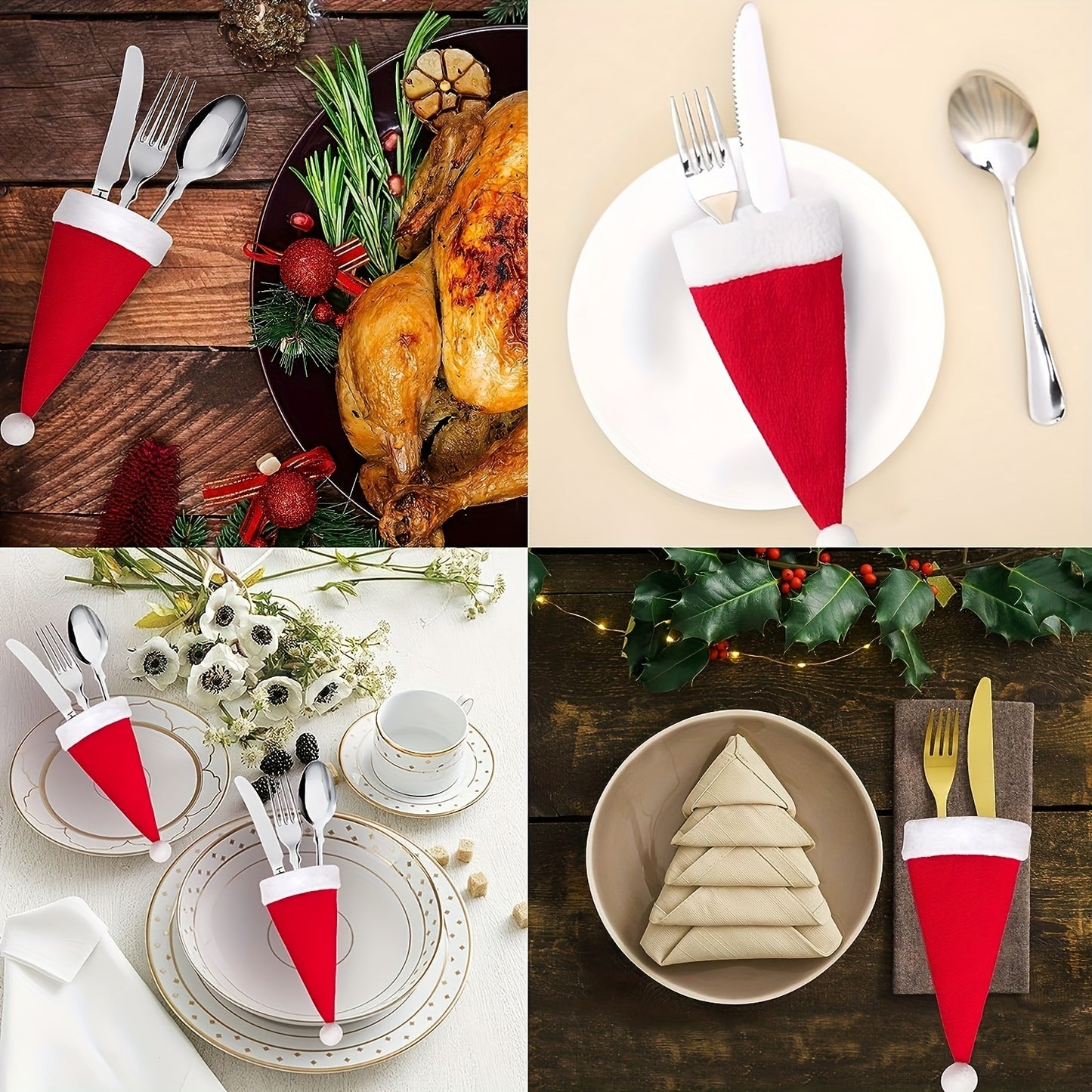 10-Piece Red Mini Santa Hat Cutlery Holder - Great for Holiday Table Decorations, Wine Bottle Caps and Kitchen Accessories