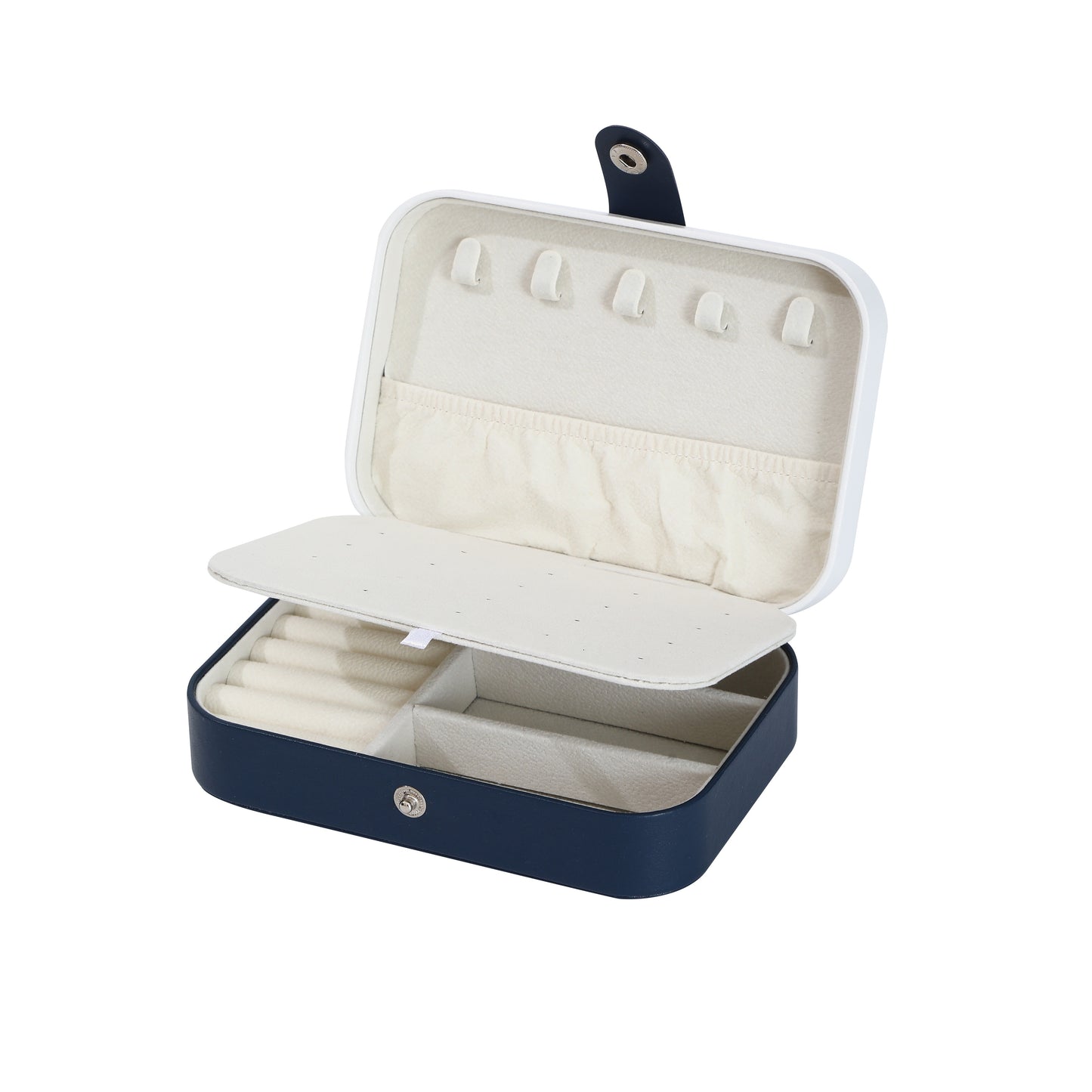 Portable double-layer imitation leather jewelry storage box - velvet interior, snap closure, can store earrings, necklaces, rings | Modern travel storage box with practical hook