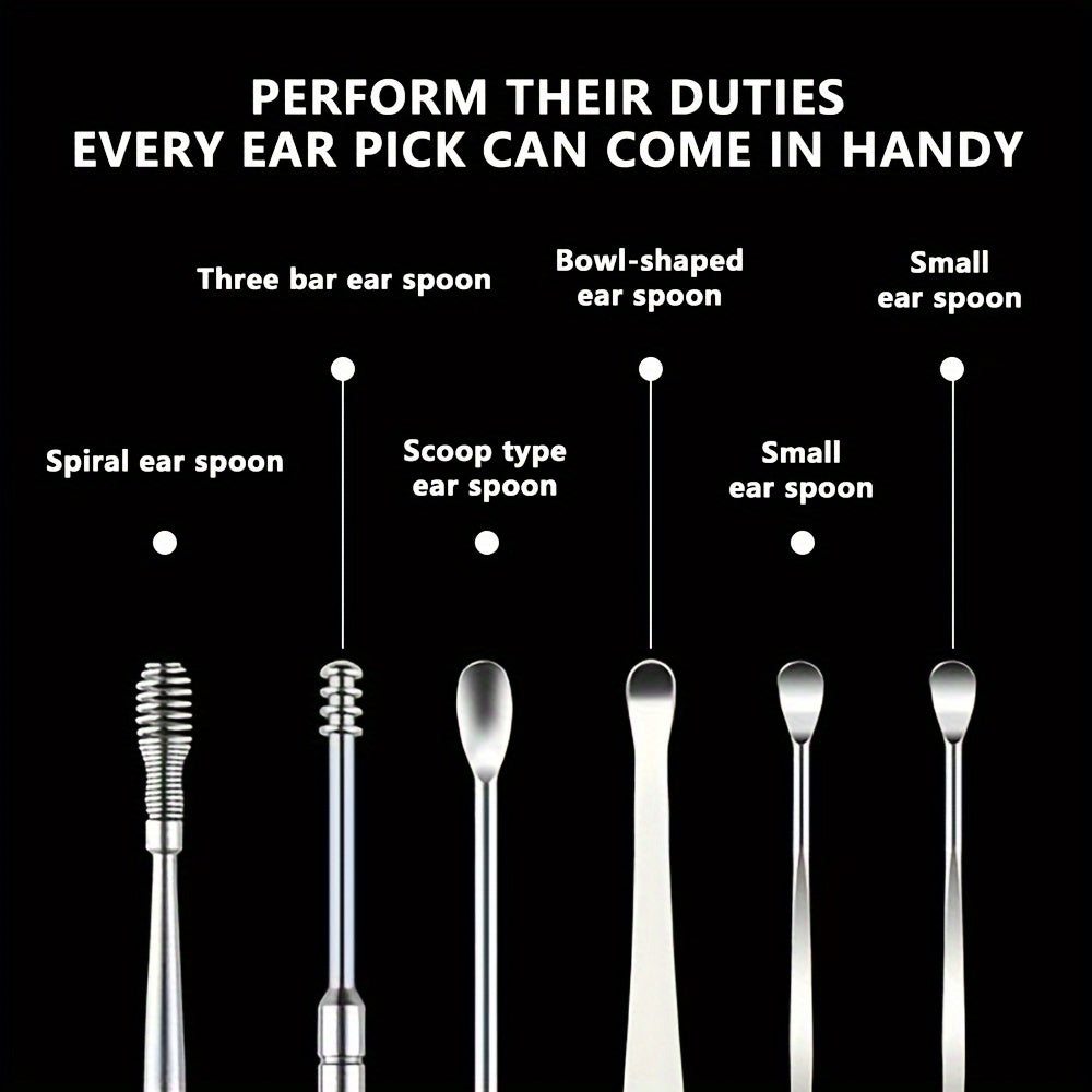 6 in 1 Stainless Steel Ear Wax Removal Tool Kit with PU Leather Case - Portable Ear Cleaner Set with Multiple Heads and Spoon for Ear Care in Stick Shape, No Batteries Required
