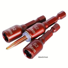 3pcs High Strength Magnetic Screwdriver Bits 8mm Hex Shank Waterproof & Stain Resistant Red Ideal for Hard Floors Electric Hand Drill Tail Wire Inner Hexagonal Sleeve