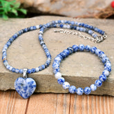 2pcs Blue Dot Stone Love Pendant Necklace Bracelet Set Retro Bohemian Summer Vacation Gift Natural Stone Handmade Jewelry