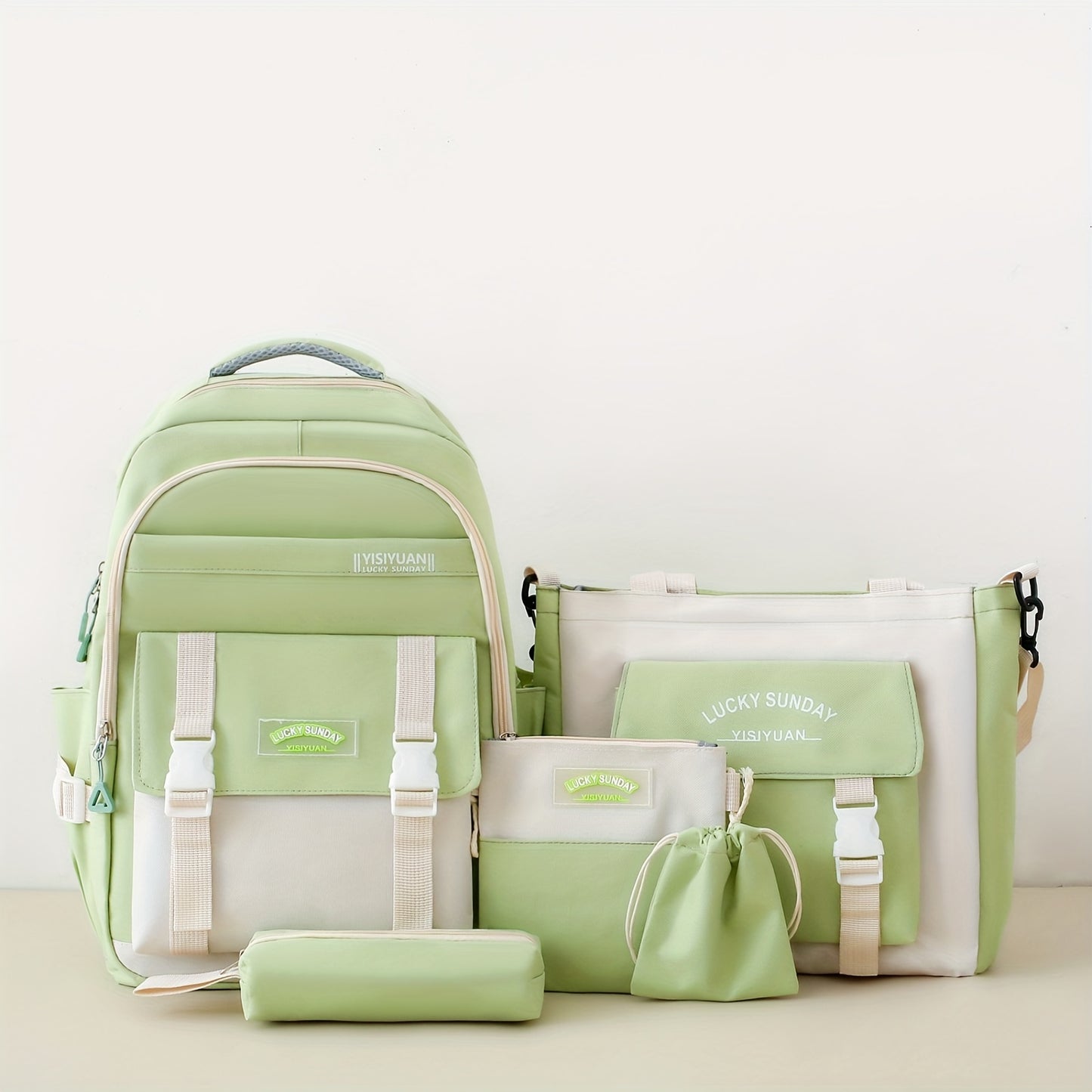 5-Piece Women's Fashion Backpack Set Preppy Style Black Pink Blue Green Purple Oxford Cloth with Adjustable Shoulder Straps and Zipper Closure, Polyester Lining