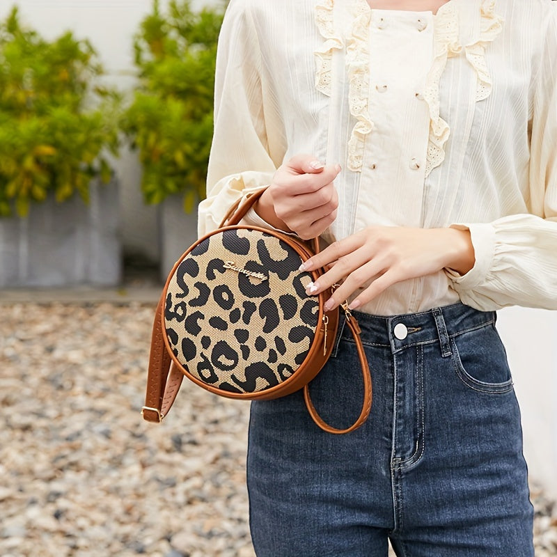 1pcs Girls Vintage Leopard Print Small Round Bag, Cute Small Fashion Handbag, Zipper Casual Shoulder Bag
