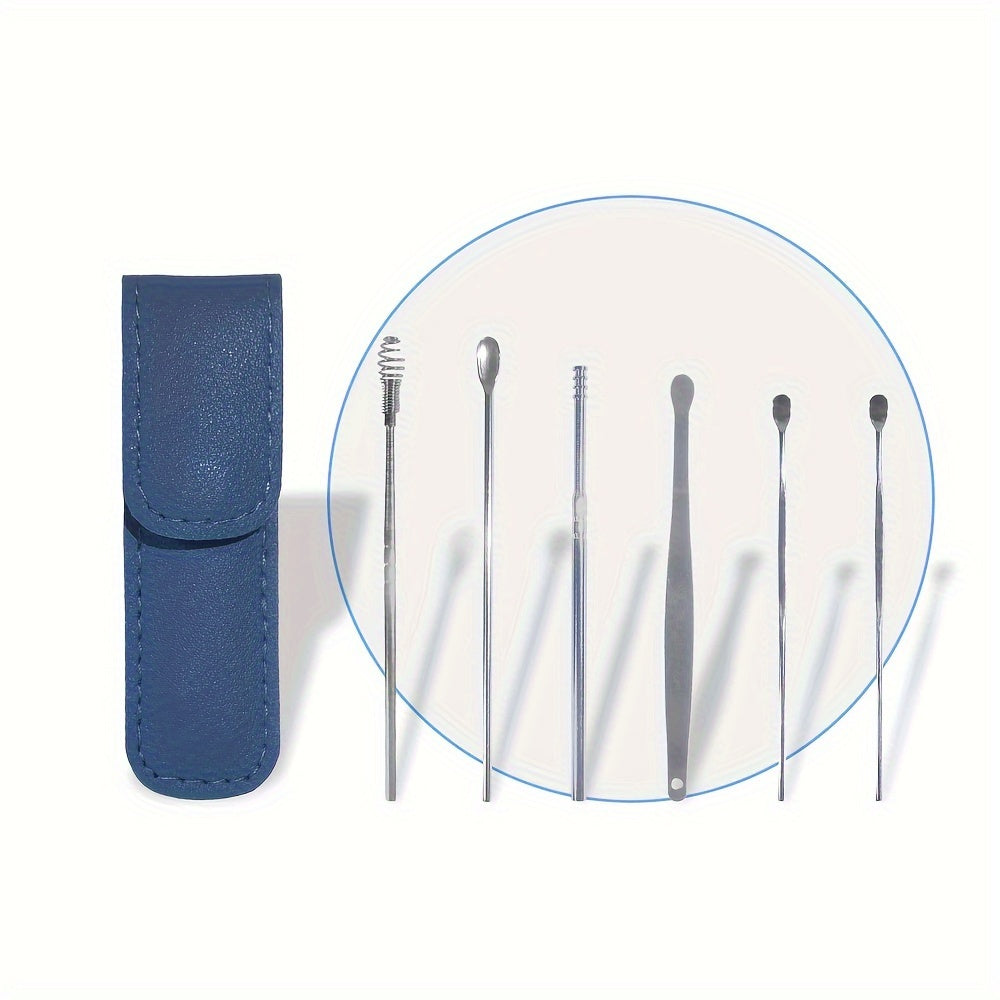 6 in 1 Stainless Steel Ear Wax Removal Tool Kit with PU Leather Case - Portable Ear Cleaner Set with Multiple Heads and Spoon for Ear Care in Stick Shape, No Batteries Required