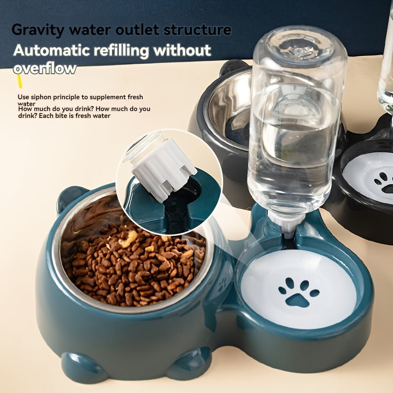 2 in 1 Pet Feeder with Automatic Drinking Fountain, Non-slip Tilt Stainless Steel Cat and Dog Food Bowl, No Batteries Required, No Power Supply Required, Automatic Feeder for Cats
