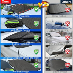 Upgraded model equipped with a fixed elastic hook for the car's snow and sunshade black windshield cover. Suitable for most vehicles it features 9 strong magnets and a rearview mirror cover that securely attaches to the car body. The thickened automotive