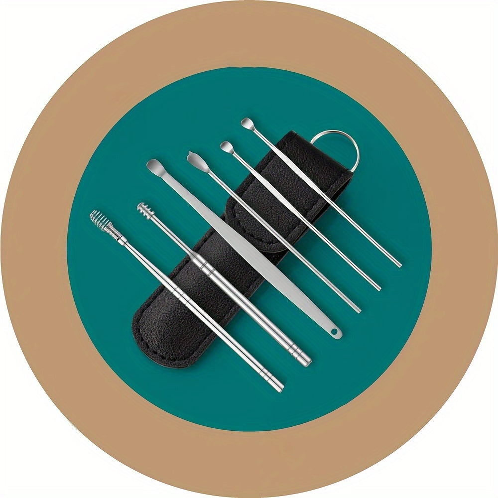 6 in 1 Stainless Steel Ear Wax Removal Tool Kit with PU Leather Case - Portable Ear Cleaner Set with Multiple Heads and Spoon for Ear Care in Stick Shape, No Batteries Required