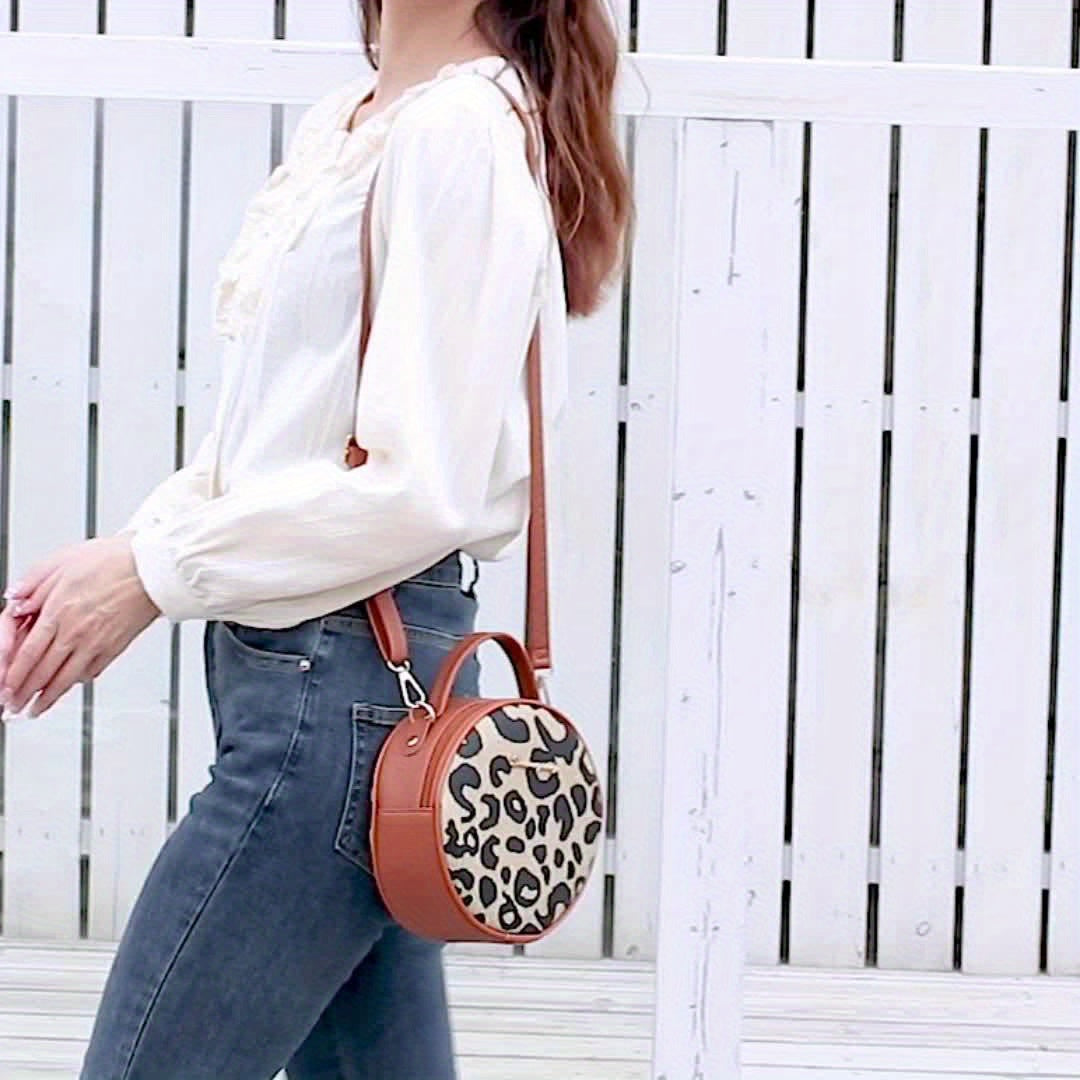 1pcs Girls Vintage Leopard Print Small Round Bag, Cute Small Fashion Handbag, Zipper Casual Shoulder Bag