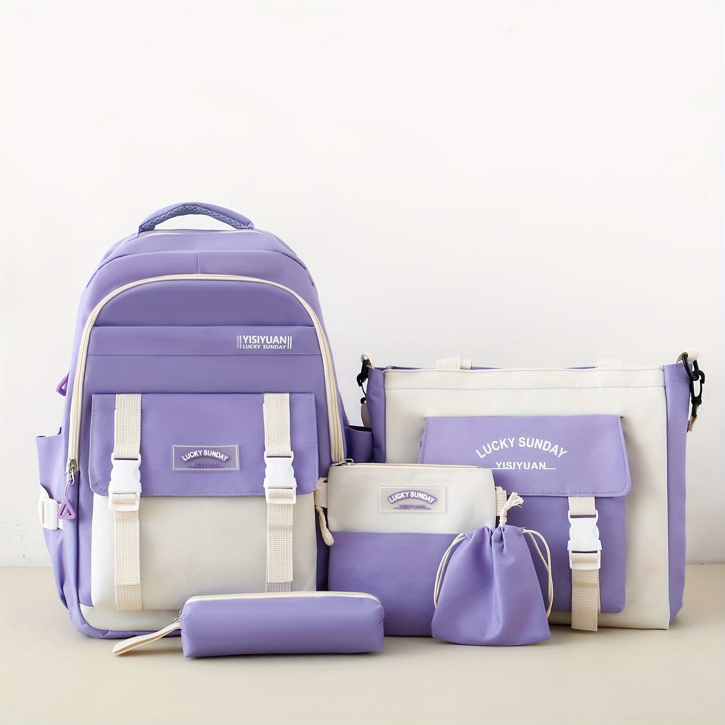 5-Piece Women's Fashion Backpack Set Preppy Style Black Pink Blue Green Purple Oxford Cloth with Adjustable Shoulder Straps and Zipper Closure, Polyester Lining