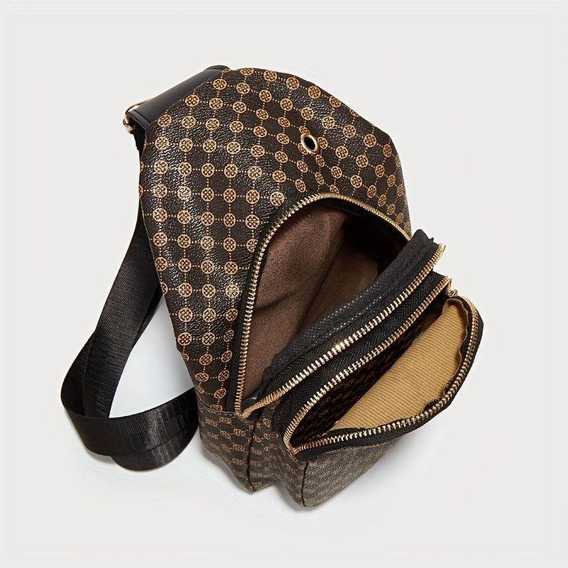 Women's printed shoulder bag, fashionable PU leather chest bag, outdoor sports messenger bag