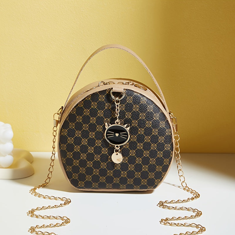 Girls classic fashion diamond letter print round crossbody bag with chain and zipper closure, casual simple commuter shoulder bag suitable for travel and daily use
