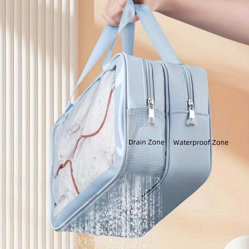 Chic PU waterproof cosmetic bag - large capacity, dry and wet separation, portable cosmetic storage bag, double layer storage