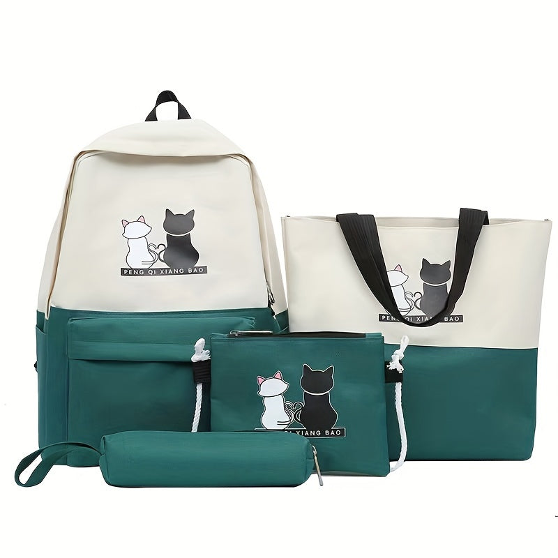 4-piece kitten print backpack set with matching tote, pencil case and wallet - durable oxford material with adjustable shoulder straps for travel and school