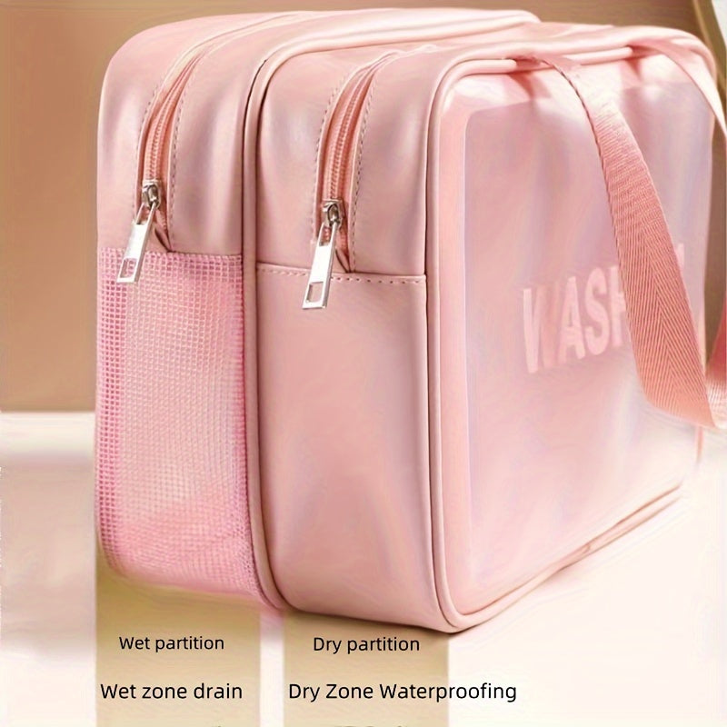 Chic PU waterproof cosmetic bag - large capacity, dry and wet separation, portable cosmetic storage bag, double layer storage