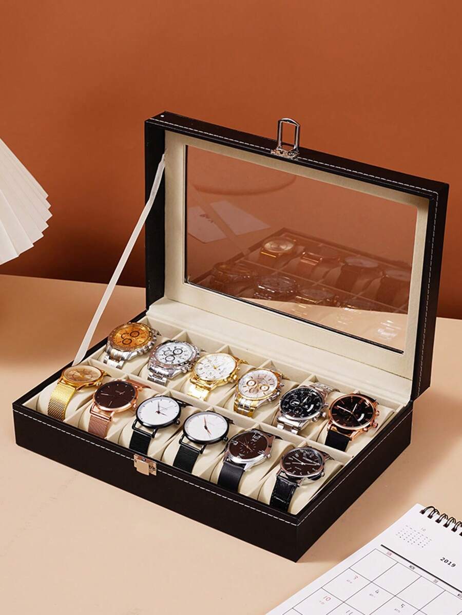 1pc Black  Leather Watch Box