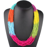 Colorful Bohemian Handmade Beaded Necklace Multi Layer Glass Rice Beads in Vibrant Striped Pattern Lightweight & Luxurious Design for Casual Attire or Parties Vibrant Outfit Accent | Asymmetrical Necklace | Glass Bead Jewelry