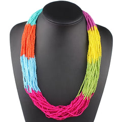 Colorful Bohemian Handmade Beaded Necklace Multi Layer Glass Rice Beads in Vibrant Striped Pattern Lightweight & Luxurious Design for Casual Attire or Parties Vibrant Outfit Accent | Asymmetrical Necklace | Glass Bead Jewelry