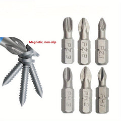 6pcs/set 25mm Cross Bits Set Hex Shanked Anti Slip Screwdriver Bits Magnetic Non Slip Drill Batch Head PH1/PH2/PH3/PZ1/PZ2/PZ3