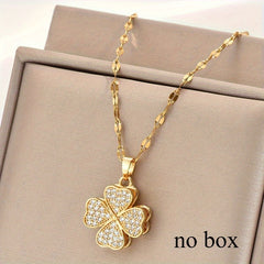 1pc Stainless Steel Four Leaf Clover Necklace with Accents Bohemian Style Golden Tone Chain Unisex Jewelry for Men & Women Casual Attire & Holiday Gifts (Christmas Halloween)