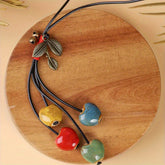 1pc Bohemian Handmade Ceramic Bead Necklace with Colorful Heart Charms Boho Chic Long Jewelry for Women Adjustable Black Cord Perfect for Vacation or Casual Attire Vacation Accessory Bohemian Style Handcrafted Accessory