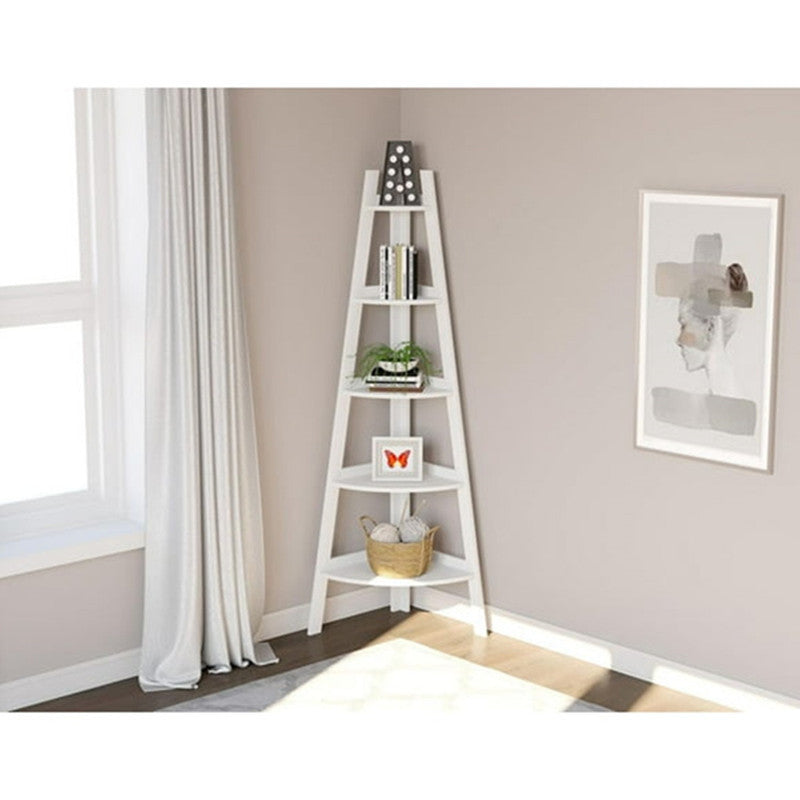 Bookshelf Corner Shelf 63inch H White with 5 Tiers and Borders for Living Room, Bookcase
