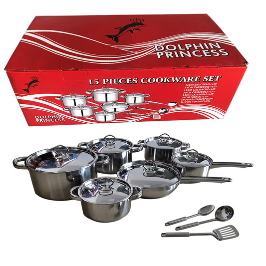 stainless steel cooking pot cookware set 15 Pieces Kitchen Ware Pots And Pans Set With Steel lid and tool