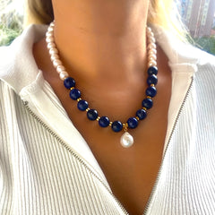 Handcrafted Bohemian Lapis Lazuli & Imitation Pearl Necklace Elegant Stone Bead Jewelry Perfect Birthday Gift for Women Versatile for Daily Wear or Mother'S Day Daily Wear Accessory|Elegant Beaded Design|Artisan Crafted