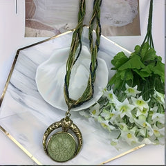 Handmade Bohemian Double Strand Rice Bead Necklace Set Green & Golden Beads with Brown Cord Oval Pendant like Centerpiece for Ethnic Gift ( Grain Beads No Coating) Daily Wear & Special Occasions